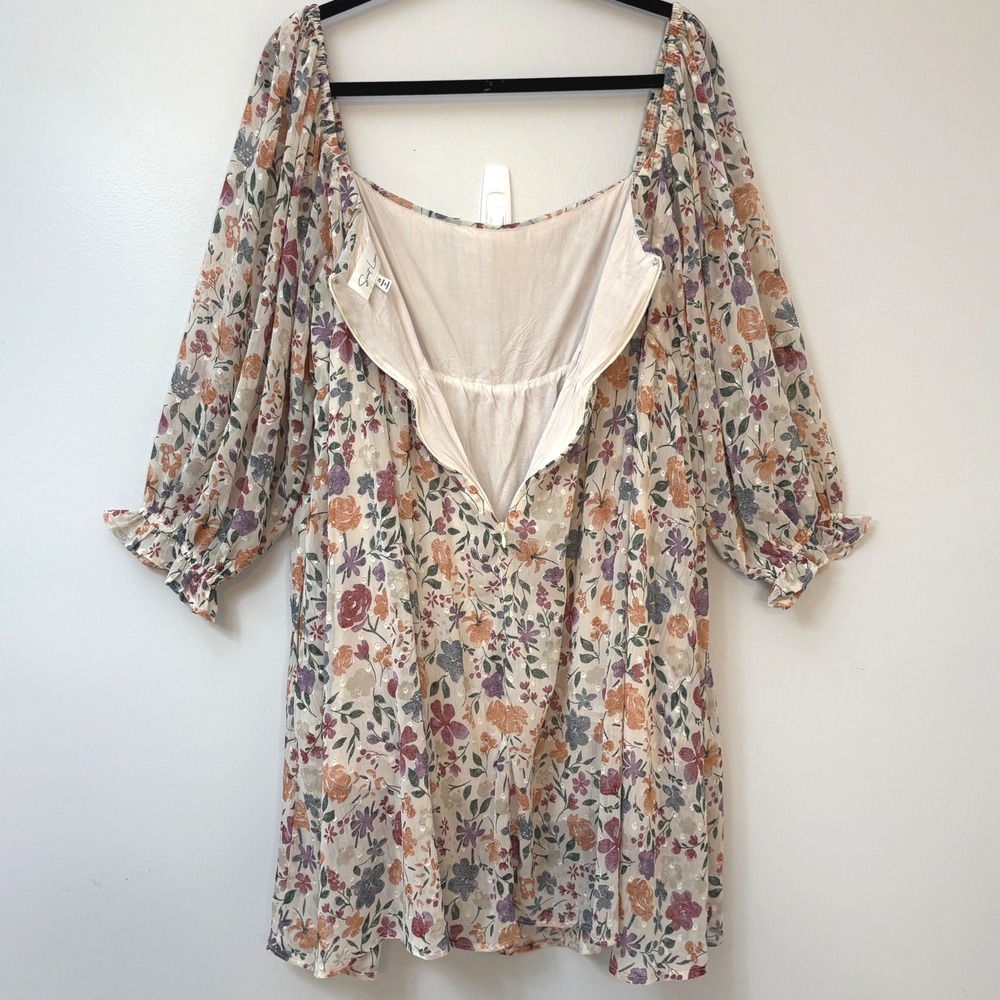Sweet Lemon Floral Swiss Dot Babydoll Mini Dress w/ Pockets 2X Cottagecore - Picture 6 of 11